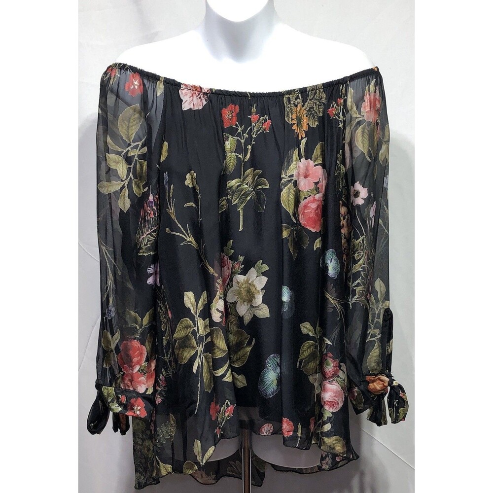 NWT Cherish Morini Silk Blouse Top XL Blk Floral Off shoulder 3/4Sleeve Italy